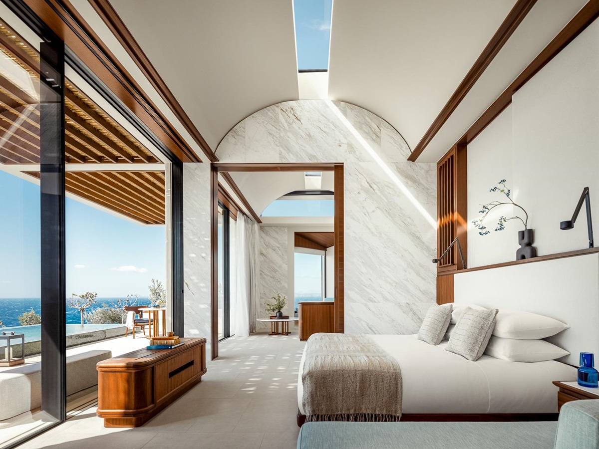 Guest suite bedroom at One&Only Kea Island in Greece