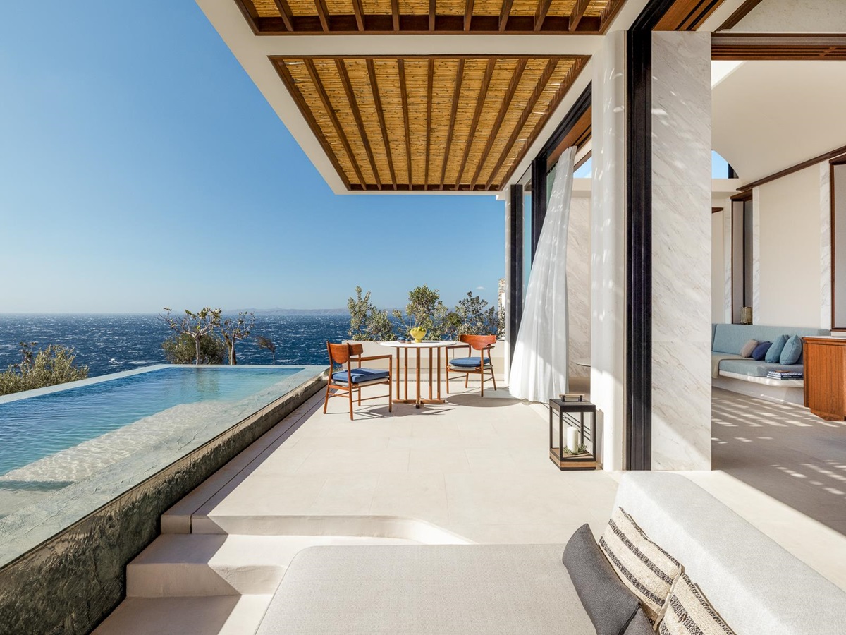 Guest suite terrace at One&Only Kea Island in Greece