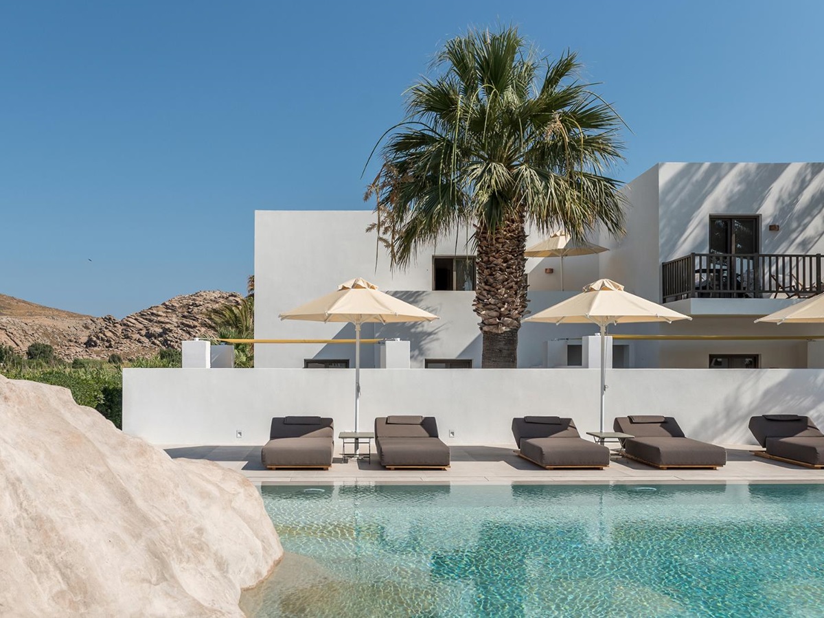 Swimming pool and terrace at Parilio Hotel Paros
