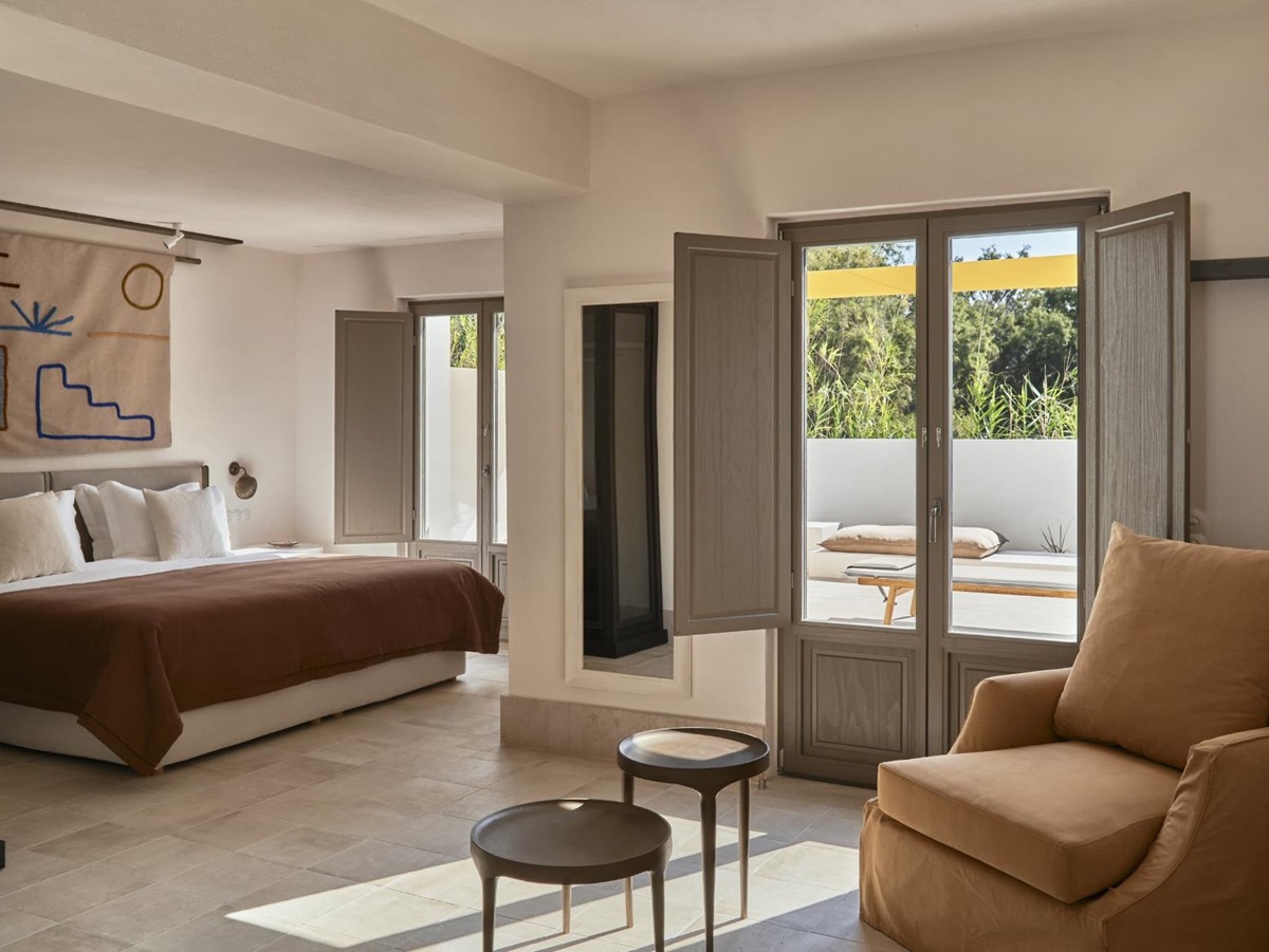 Understated design of a suite at Parilio Hotel Paros