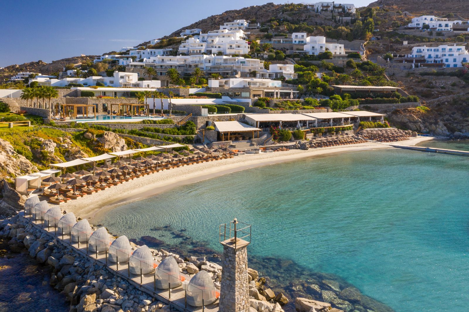 Private beach at the Santa Marina Resort and Villas in Mykonos Greece