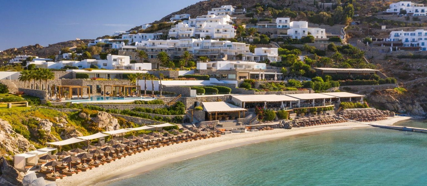 Private beach at the Santa Marina Resort and Villas in Mykonos Greece