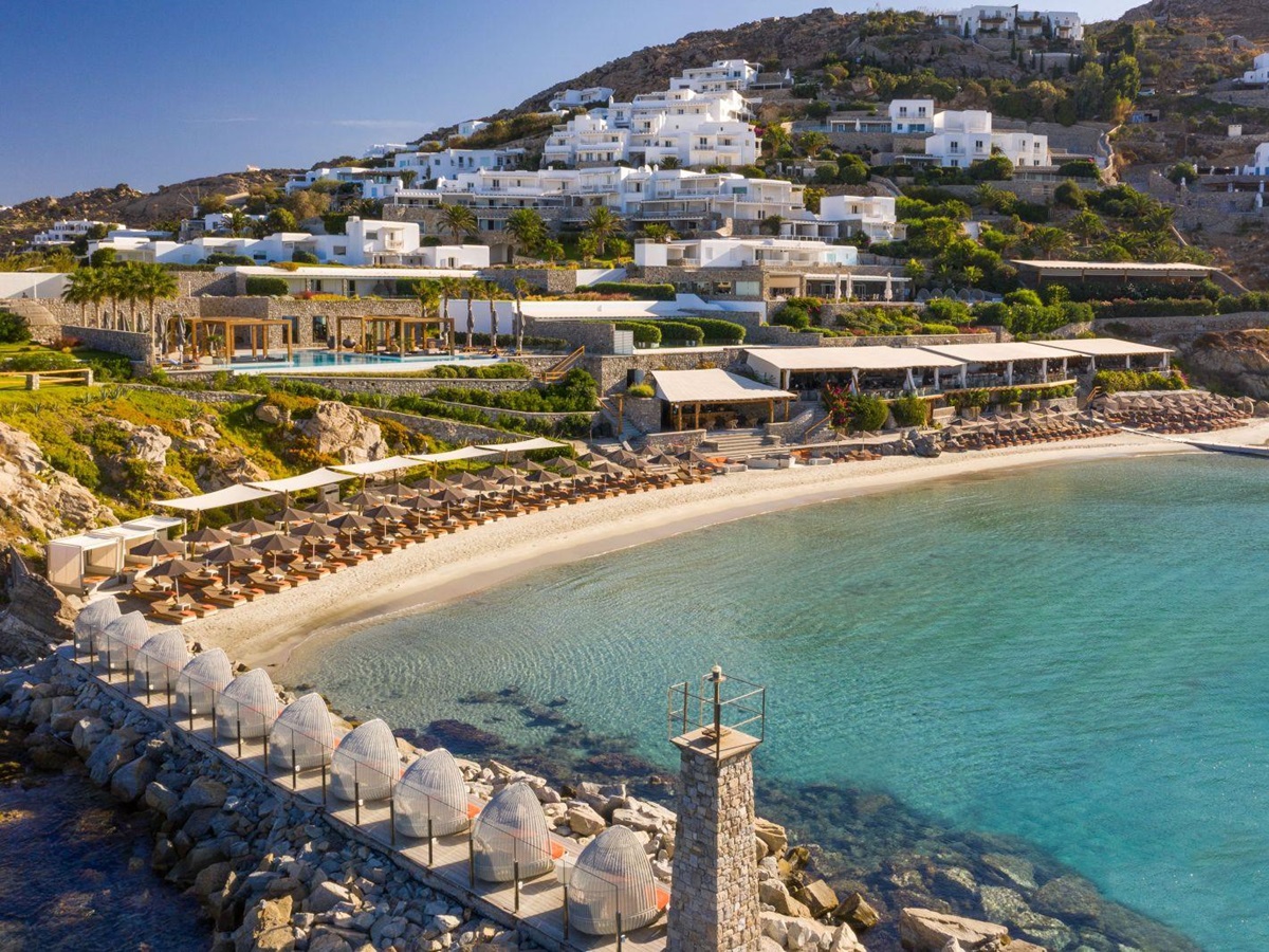 Private beach at the Santa Marina Resort and Villas in Mykonos Greece