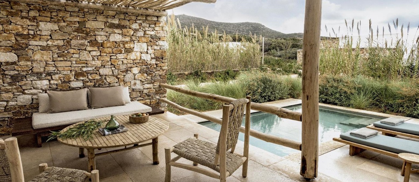 Pool terrace of a Garden View Suite at The Rooster Antiparos