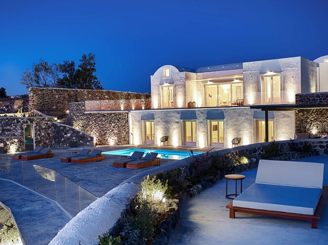 Pool at night at Vedema Santorini Greece