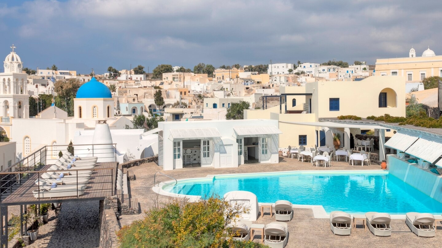 View of the village from the pool at Vedema Santorini Greece
