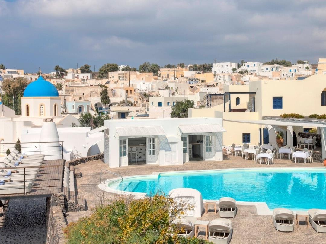 View of the village from the pool at Vedema Santorini Greece