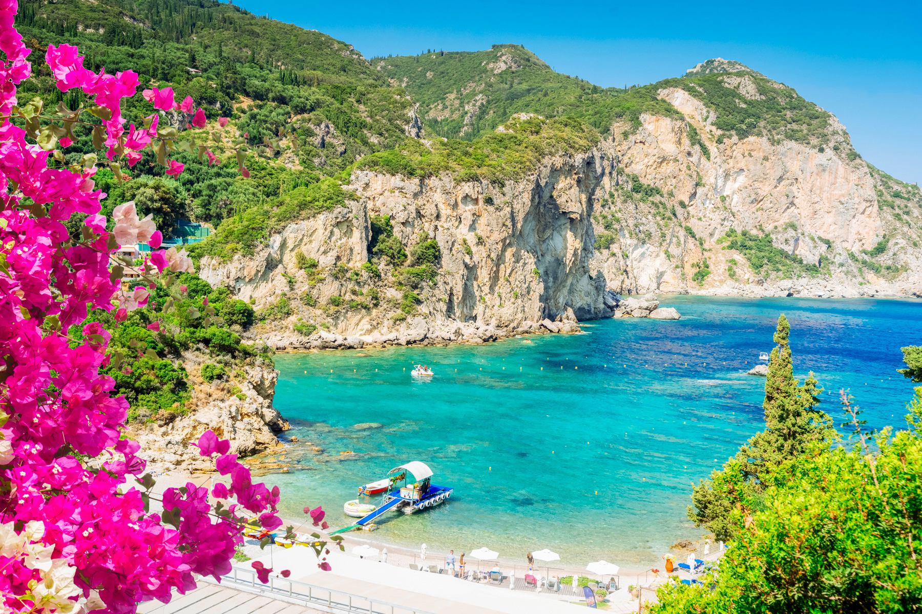 A boat moored on the beach in Corfu