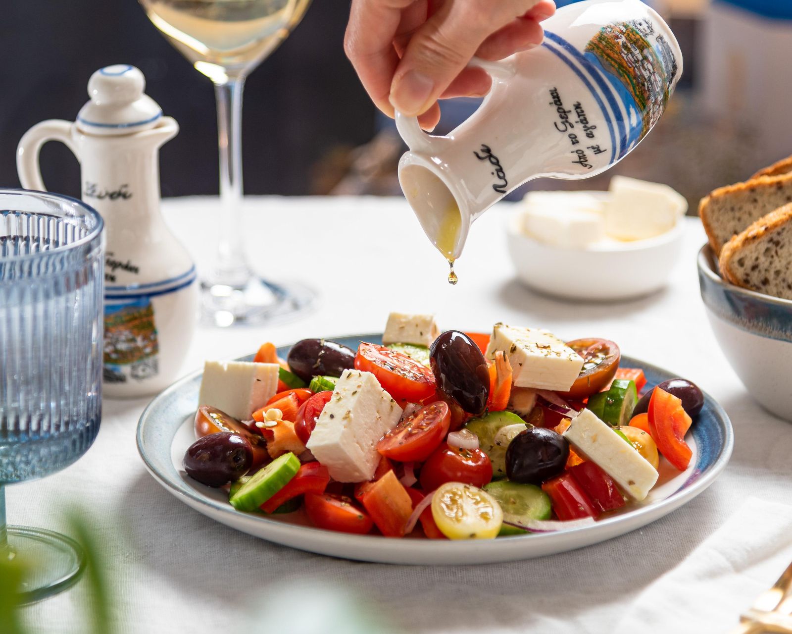 Traditional Greek salad and olive oil