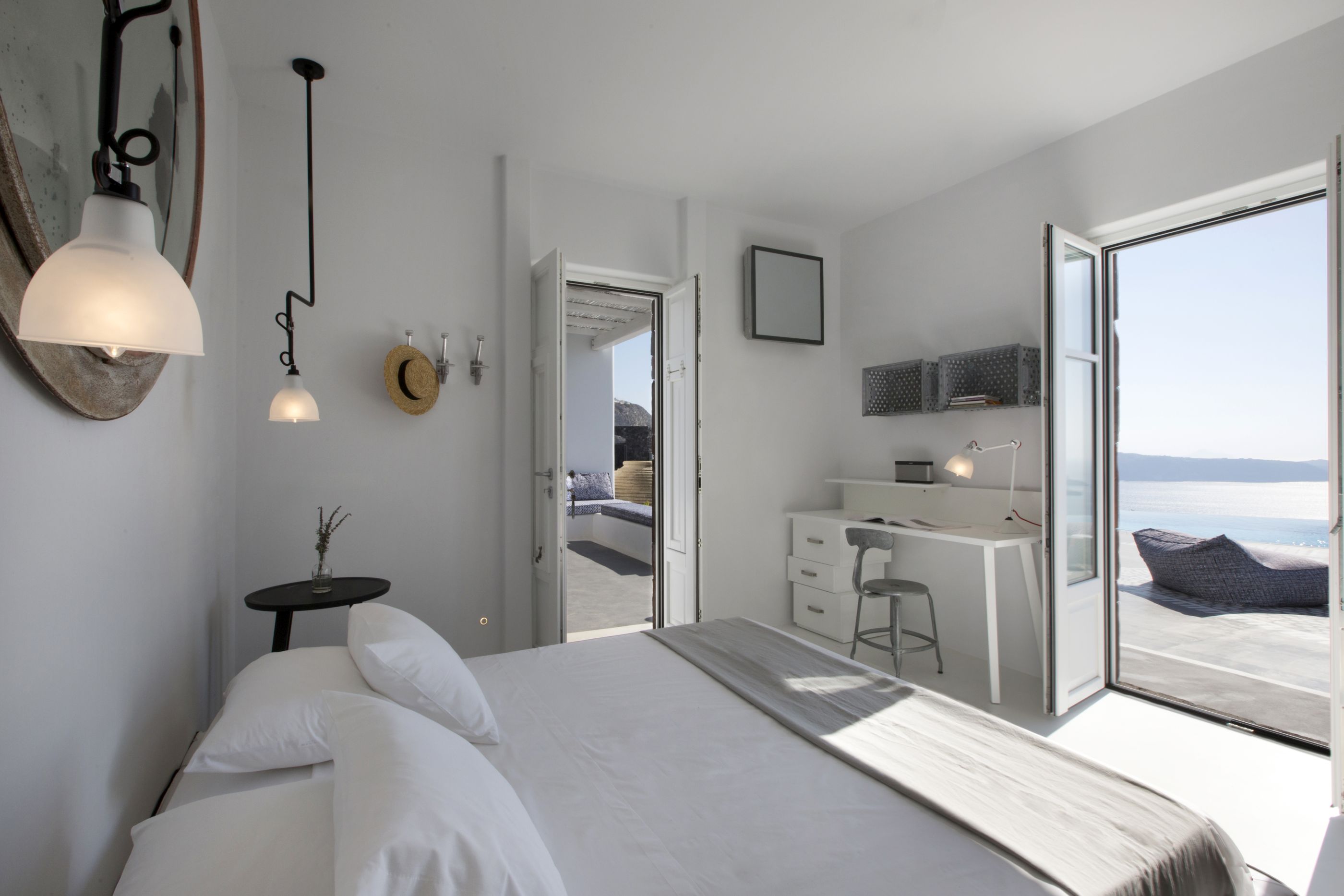 Interiors of a double bedroom in Erosantorini, Greece