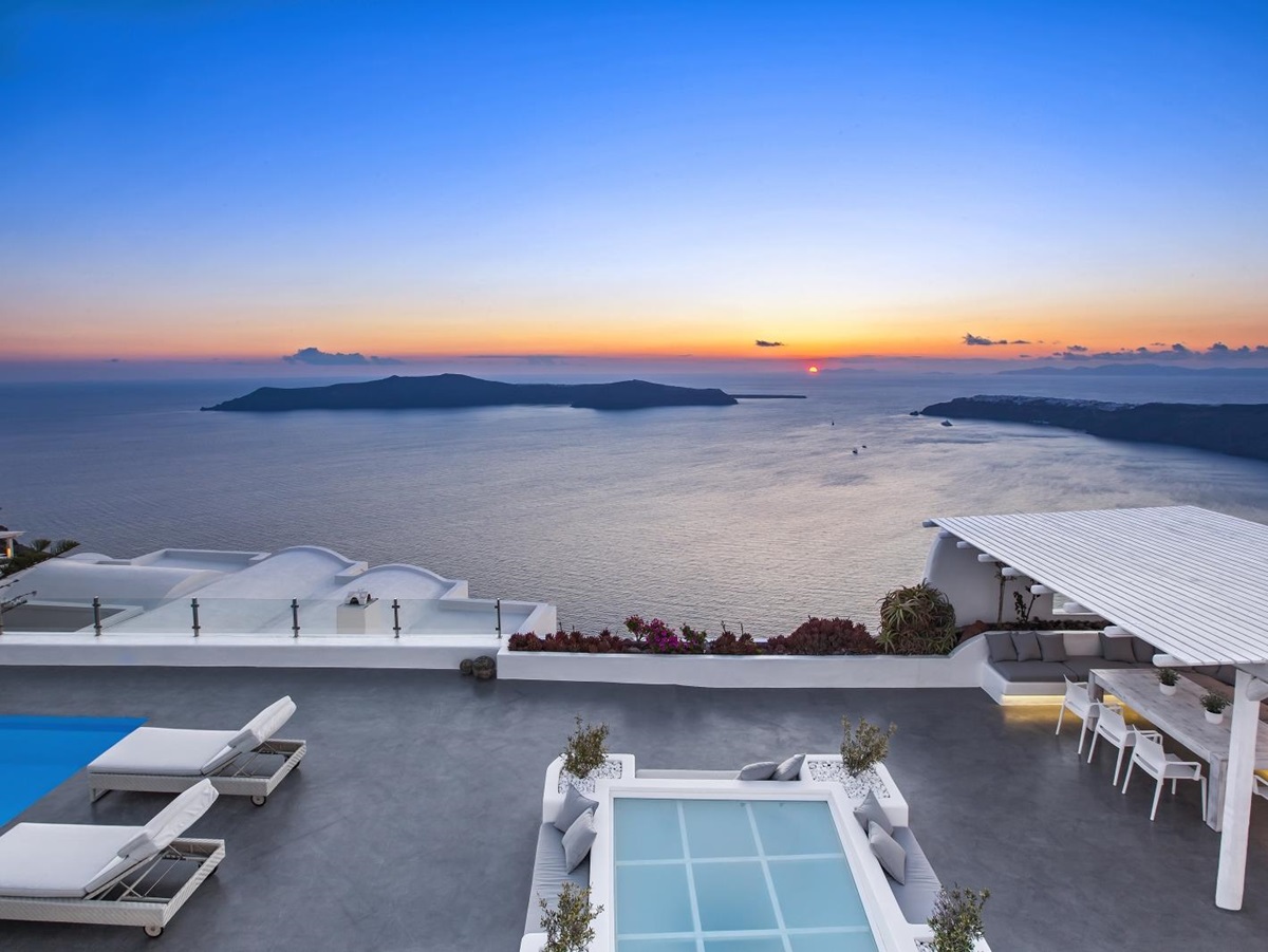 Outdoor area with sunset sea view at Erossea on Santorini, Greece
