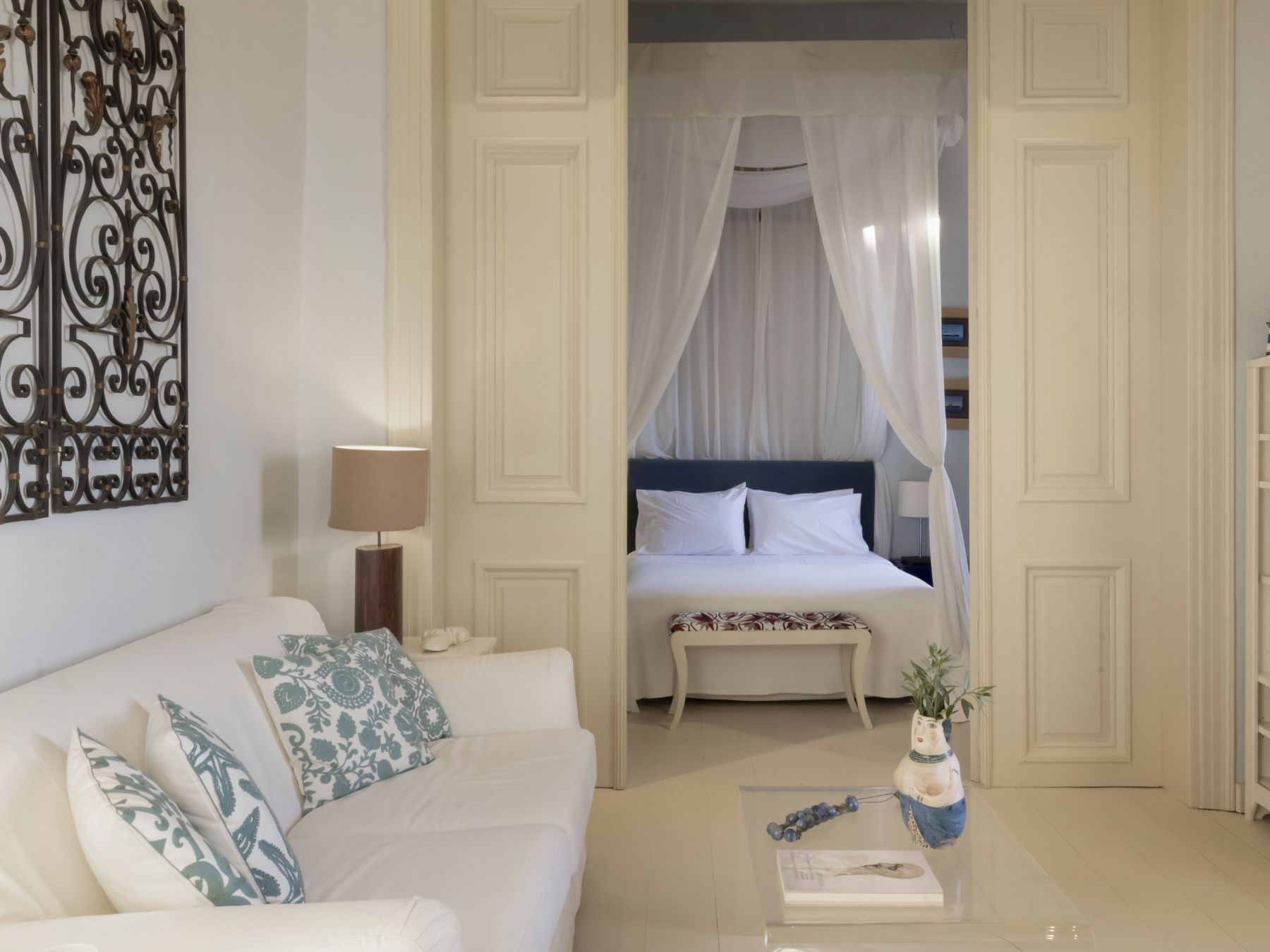 Sofa and double bed at Exambella, Sifnos