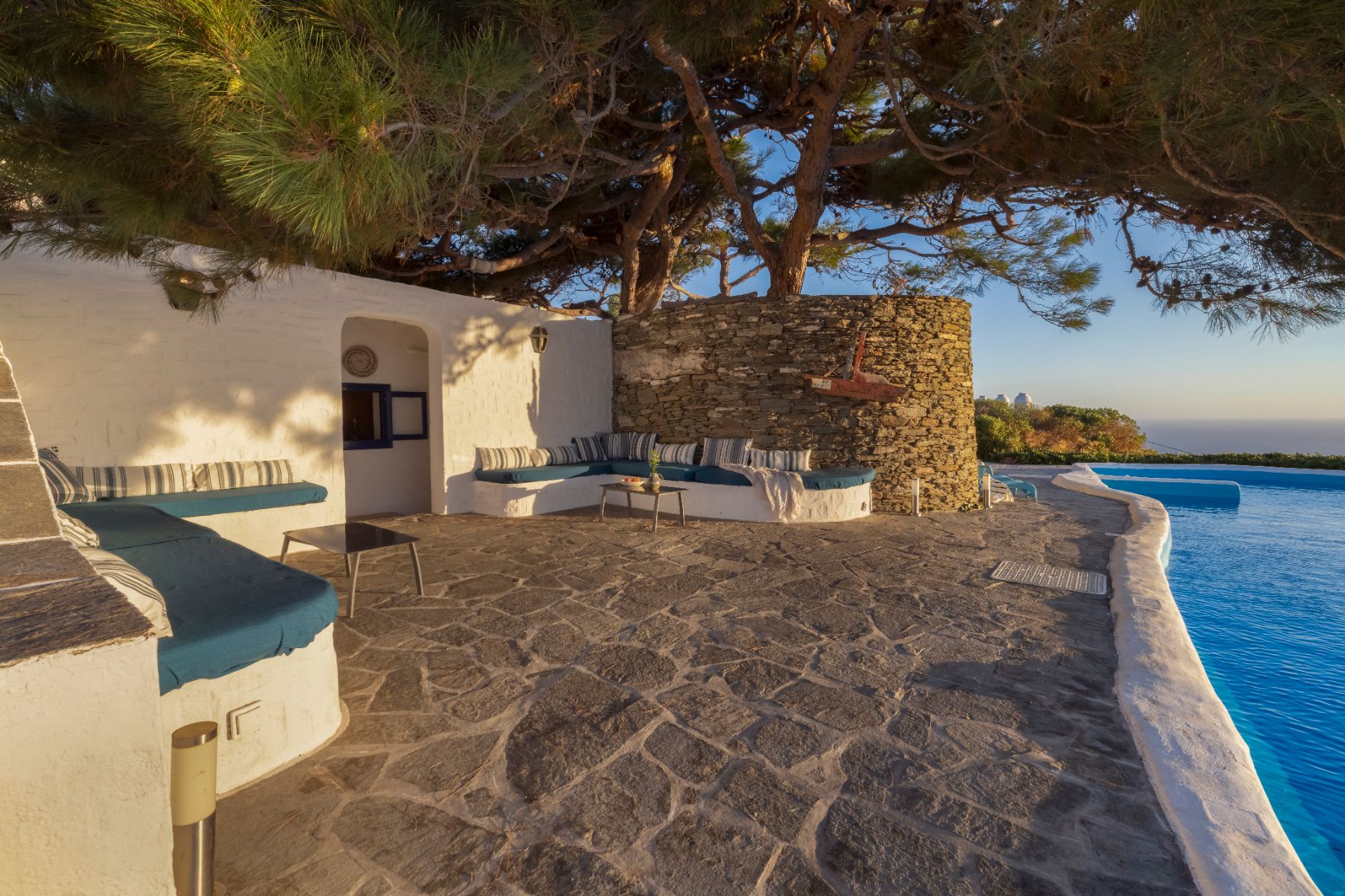 Pool terrace in the evening at Exambella, Sifnos