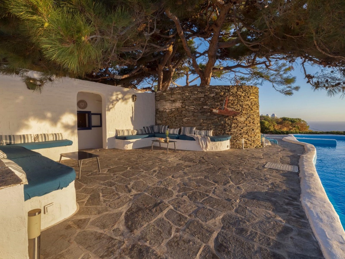 Pool terrace in the evening at Exambella, Sifnos