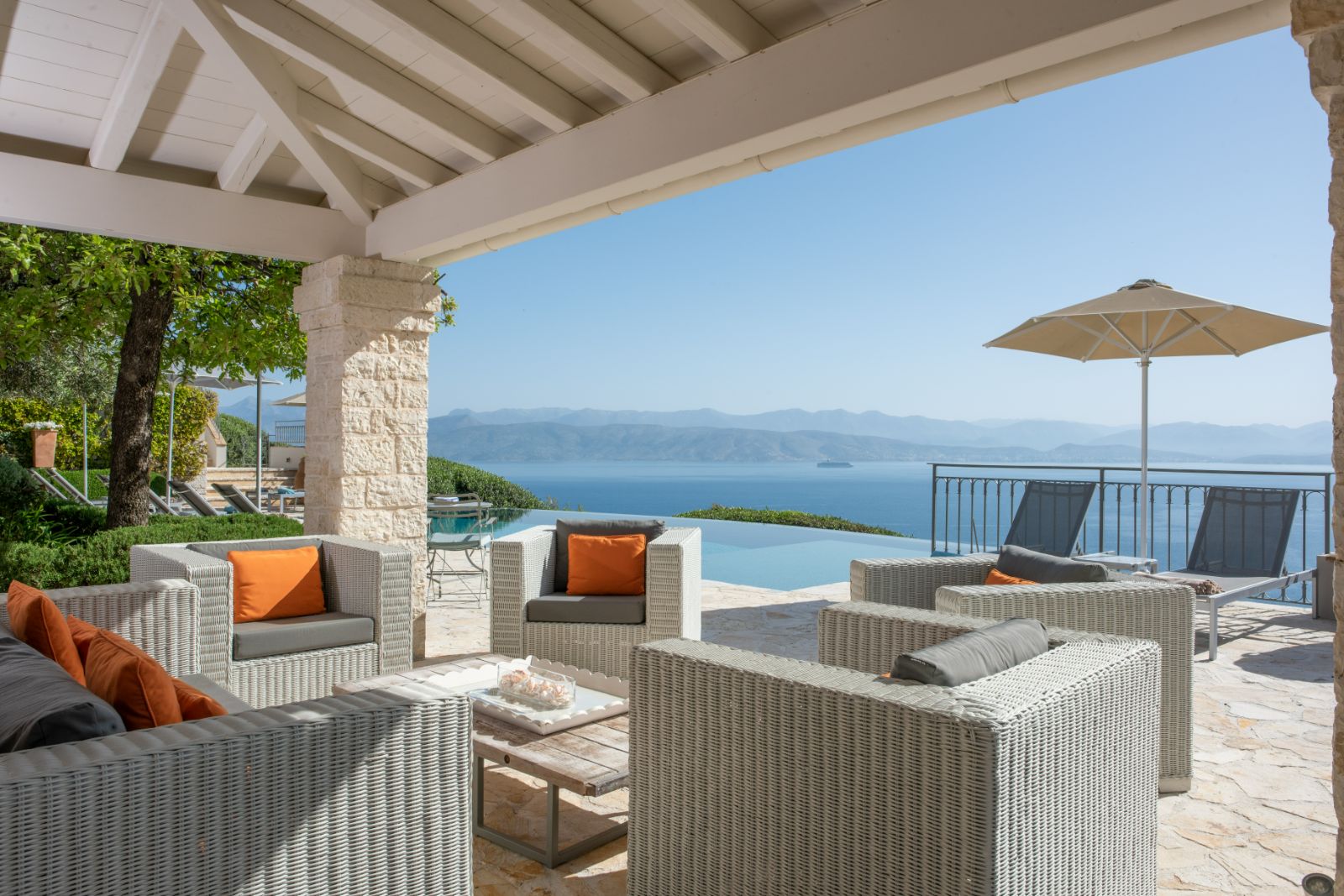 Poolside seating at Kalamaki Bay in Corfu