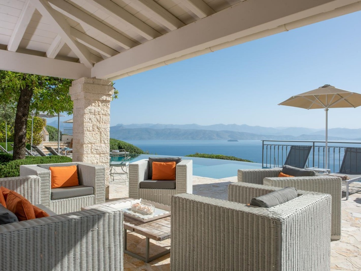 Poolside seating at Kalamaki Bay in Corfu