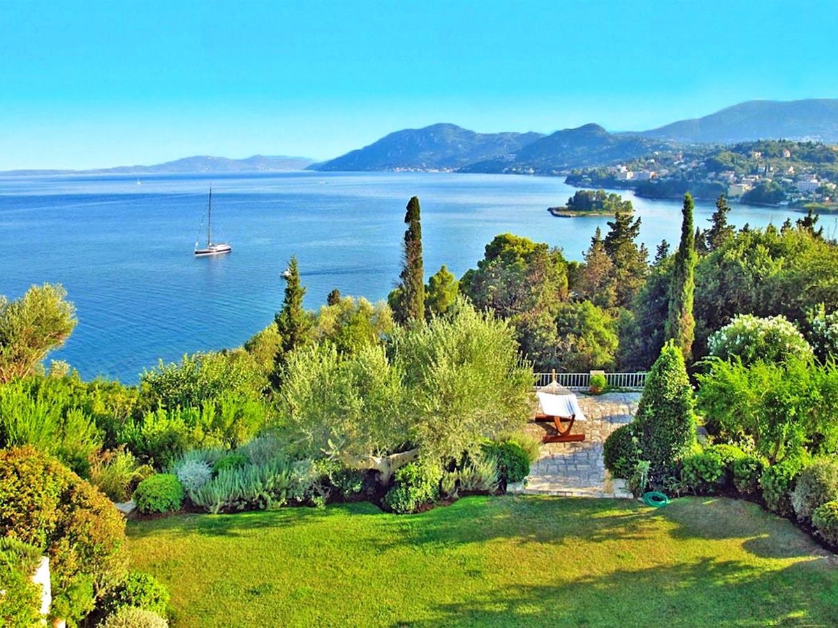 Panoramic view over the gardens at Kanoni Estate, a luxury villa in Corfu