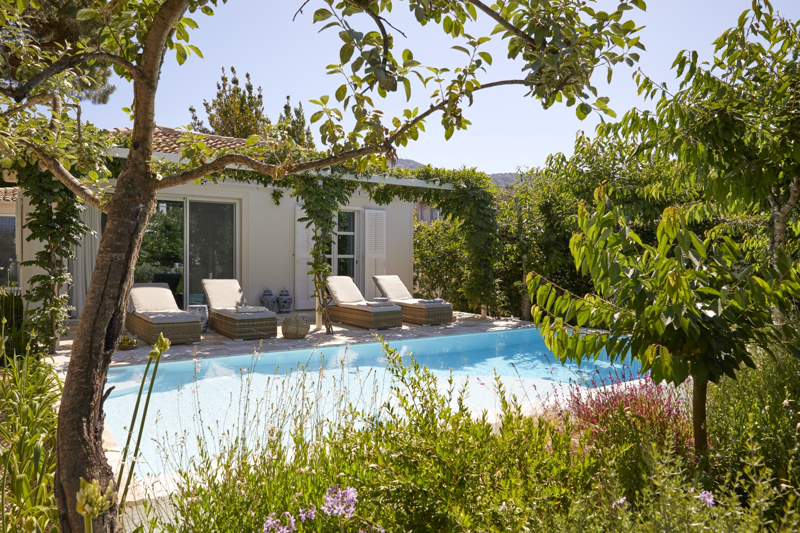 Pool and pool area with sun loungers, flowers and plants at Kogevina Beach Villa on Corfu, Greece