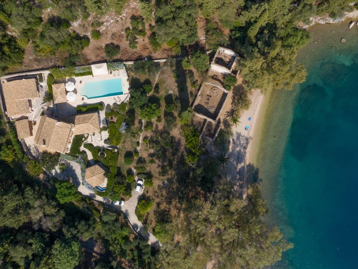 Aerial shot at Kouloura Beach House in Corfu