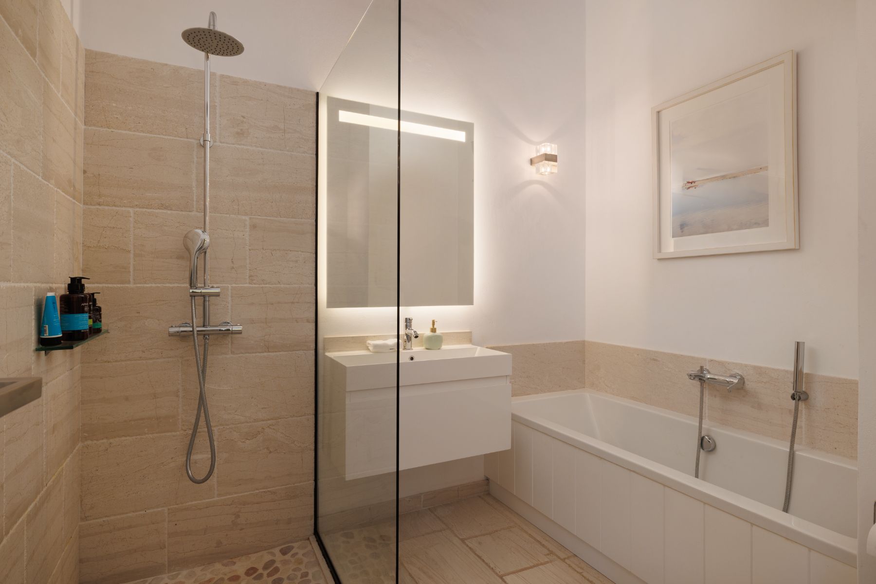 Bathroom with shower and bathtub at Thinali, Corfu