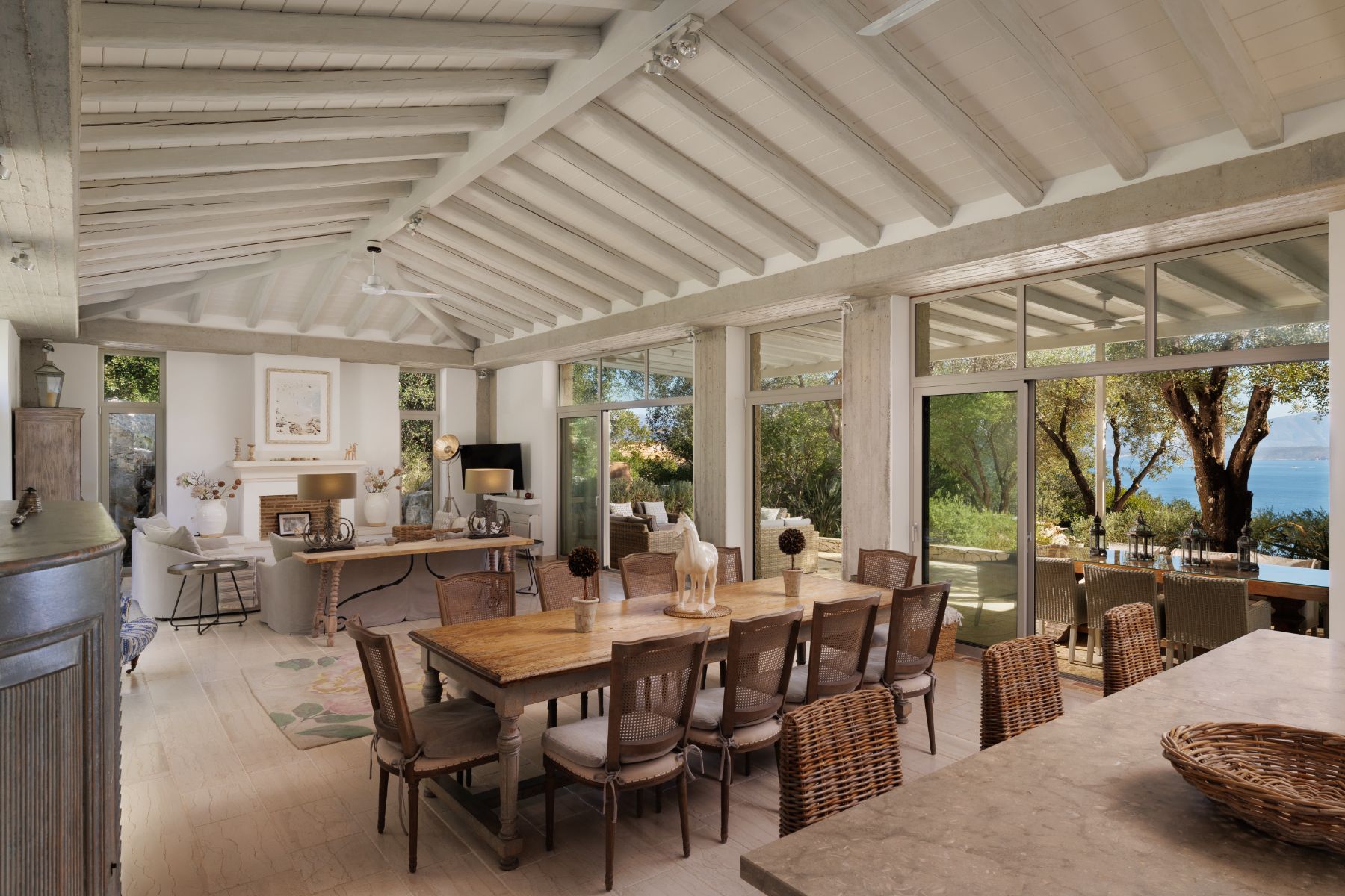 Open plan living and dining area at Thinali, Corfu