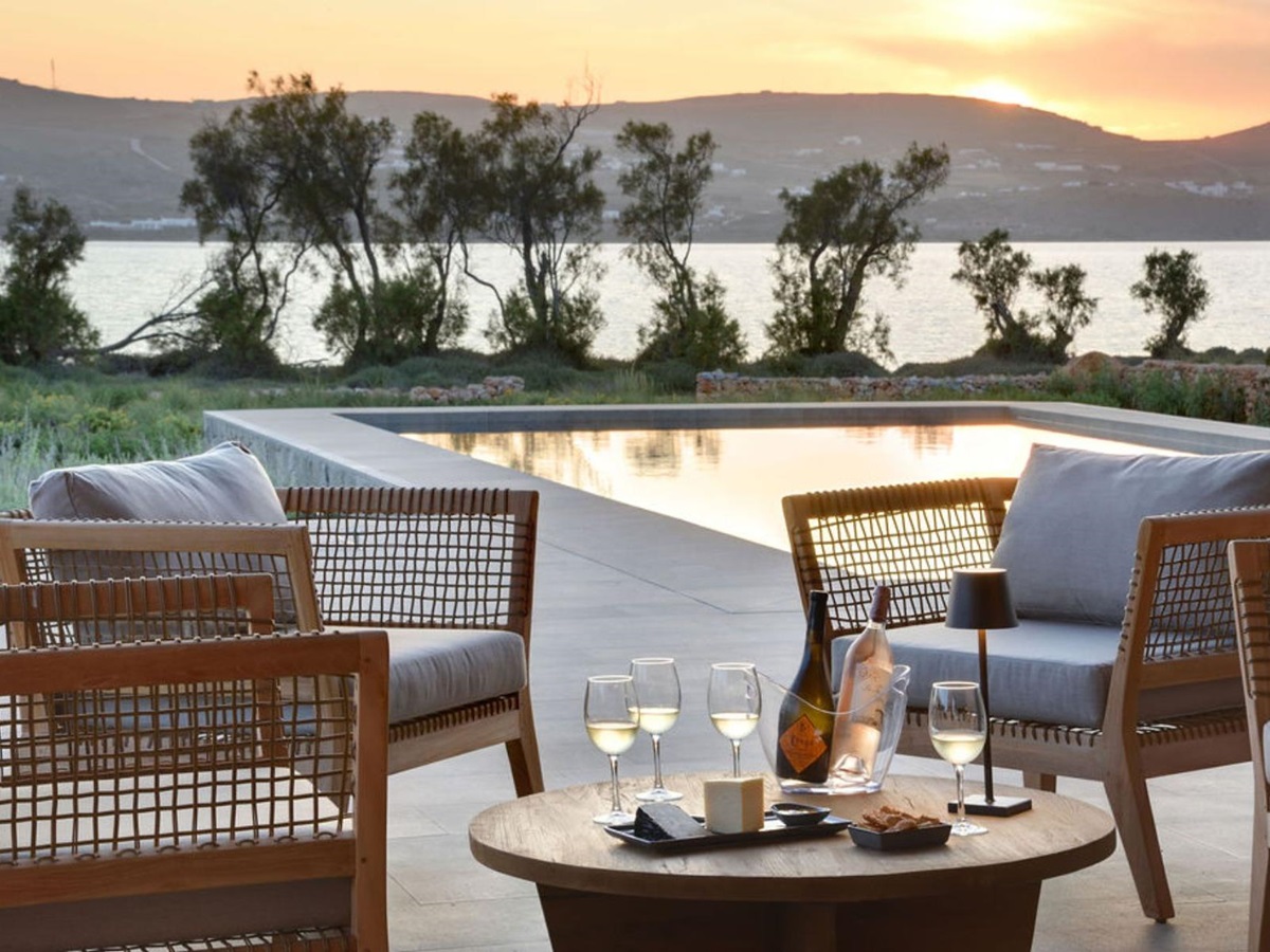 Pool seating area at Villa Aliki, Paros