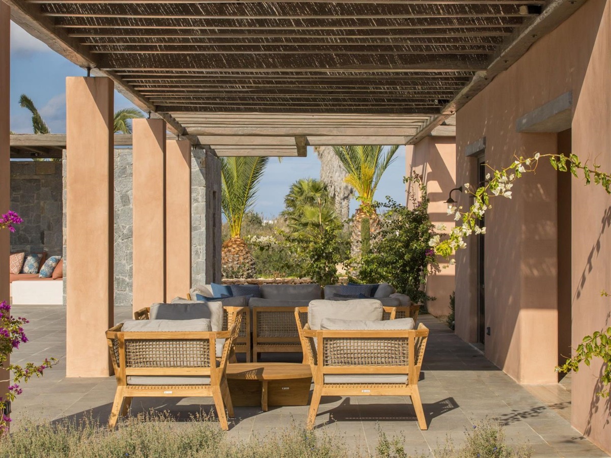Outdoor terrace with seating at Villa Aliki, Paros