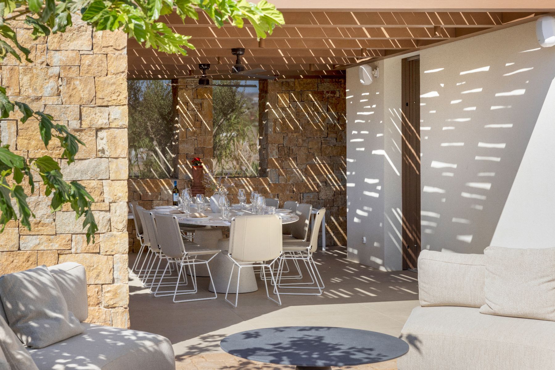 Covered dining terrace at Villa Althea, Paros