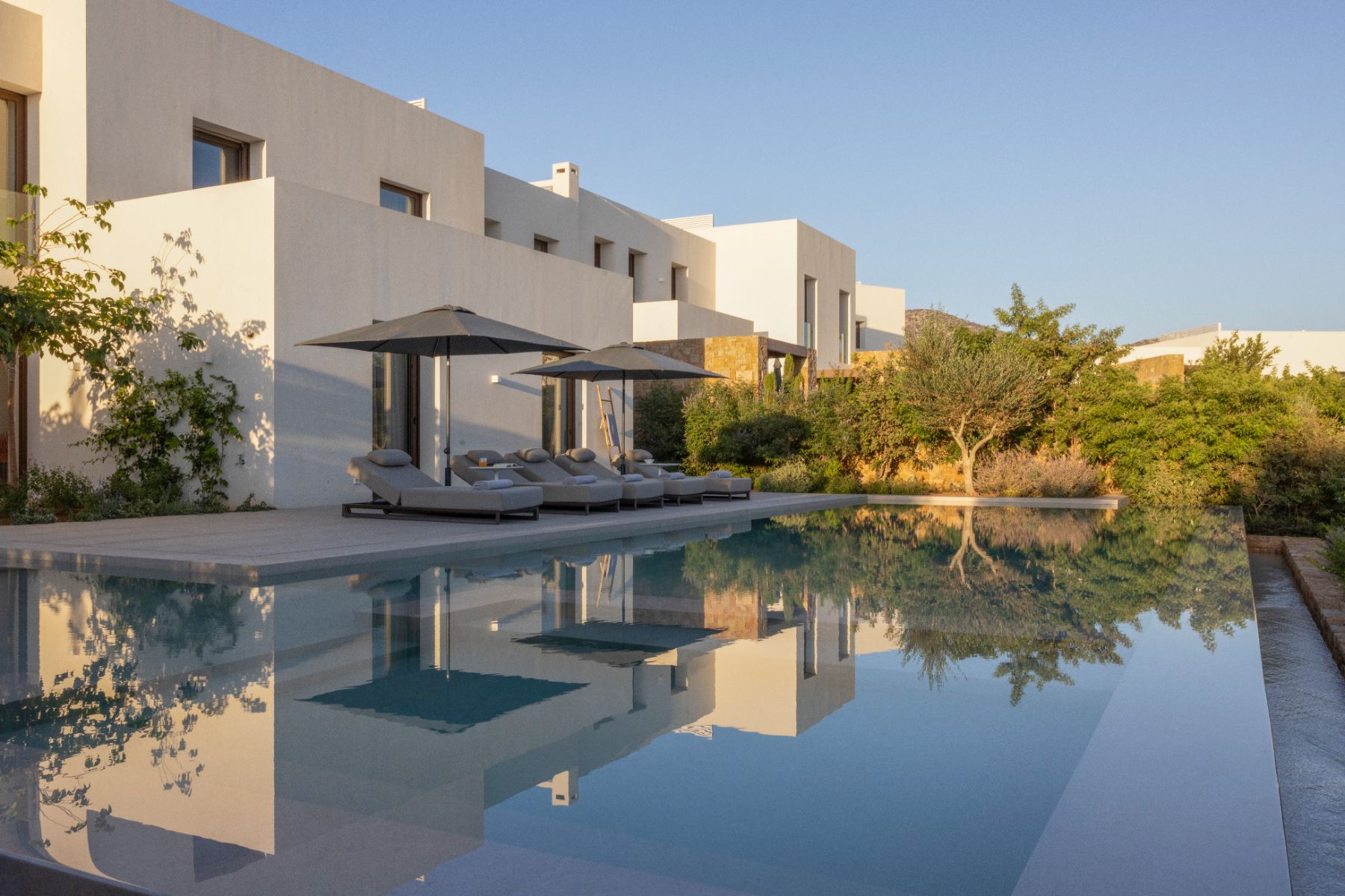 View of pool and garden at Villa Althea, Paros