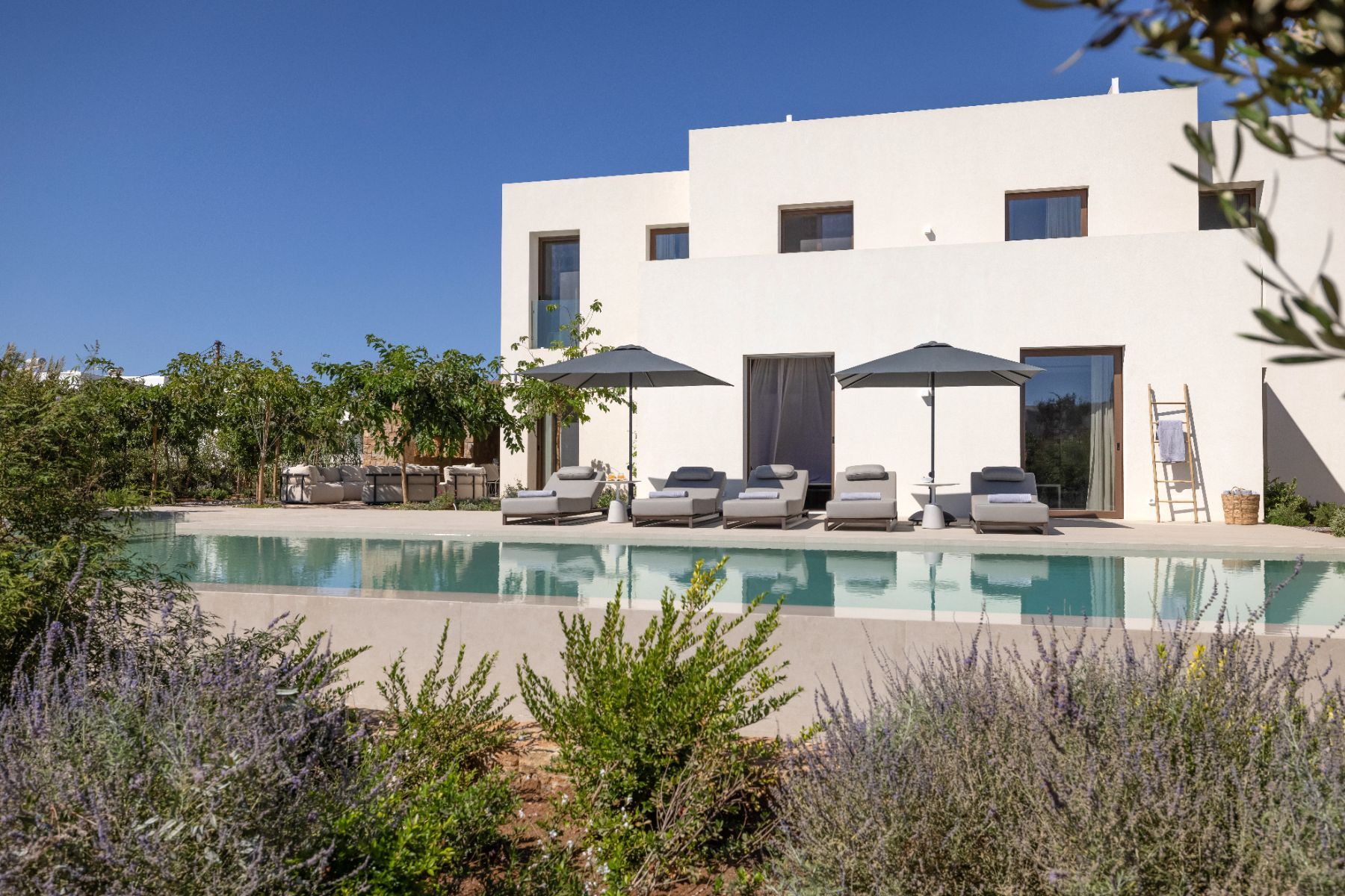 View of pool and garden at Villa Althea, Paros