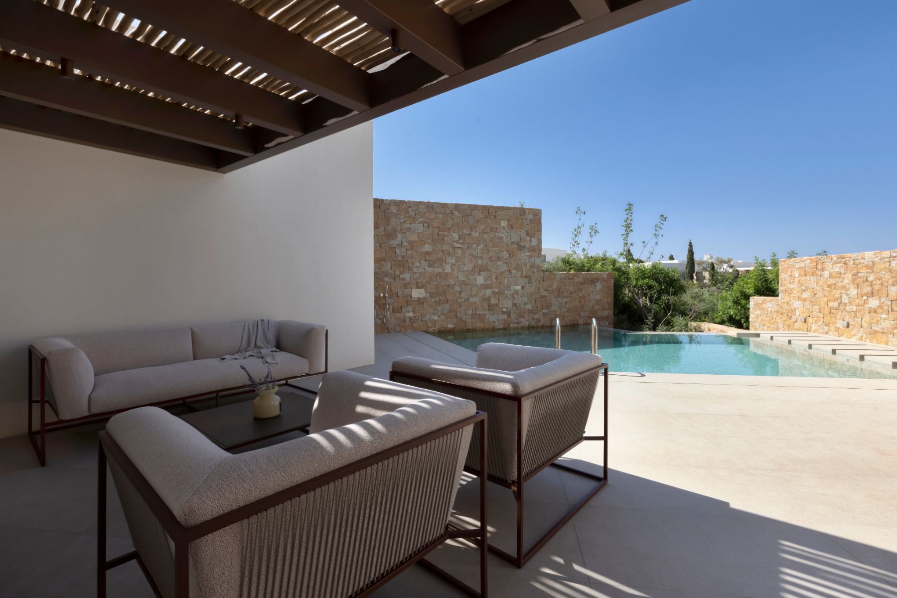 Covered terrace and pool at Villa Amara, Paros