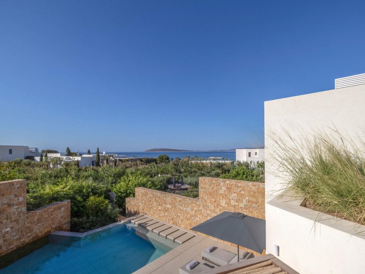 View of pool from balcony at Villa Amara, Paros