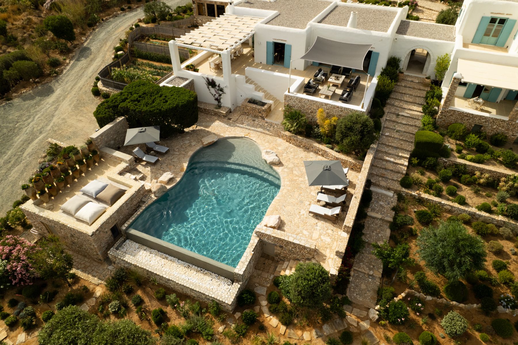 Aerial view of pool and house at Villa Asteria, Paros