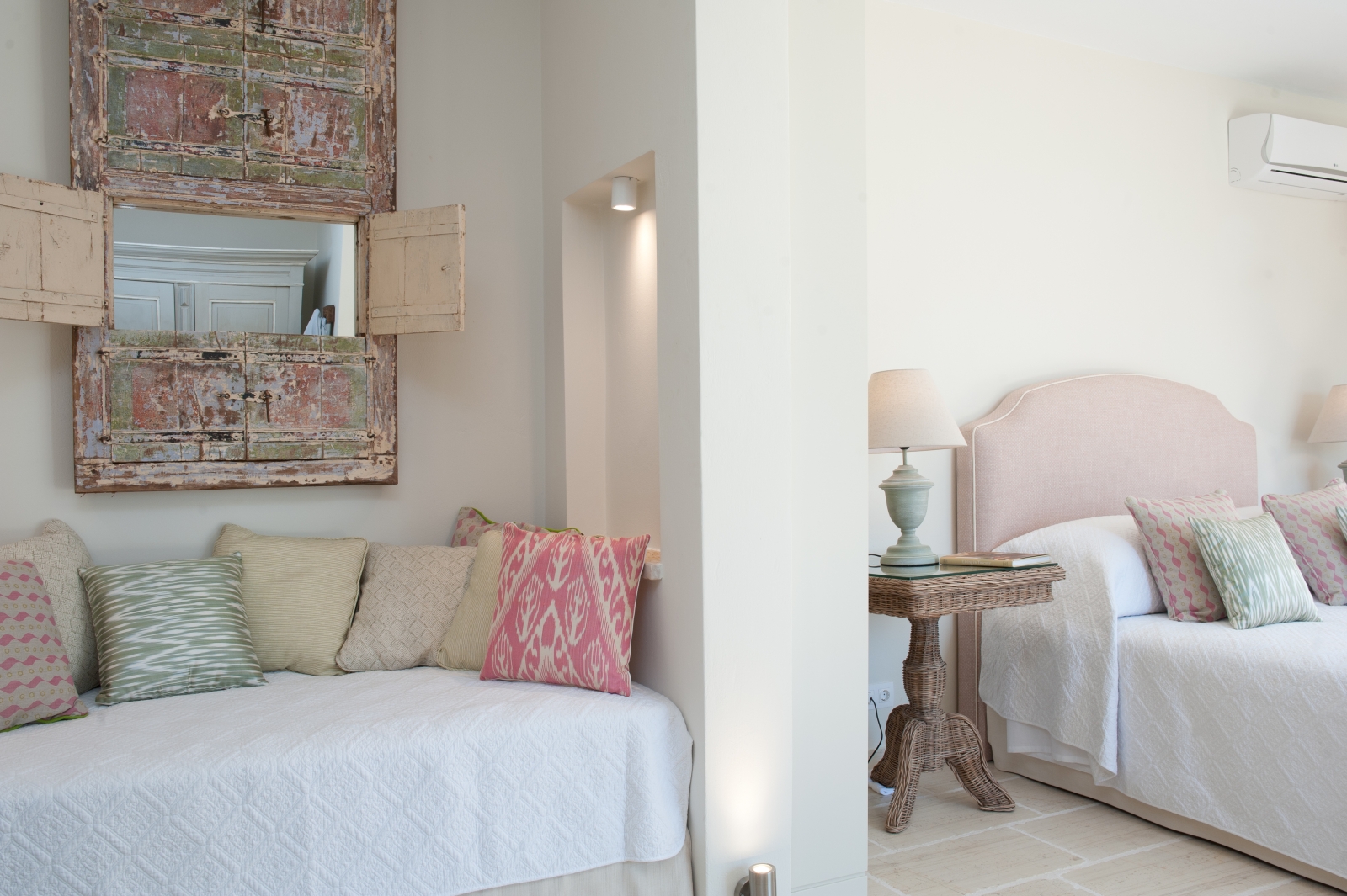 Cushioned sofa in twin bedroom at Villa Dionysos, Corfu