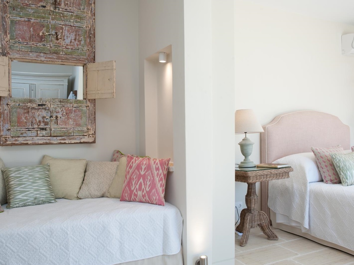 Cushioned sofa in twin bedroom at Villa Dionysos, Corfu