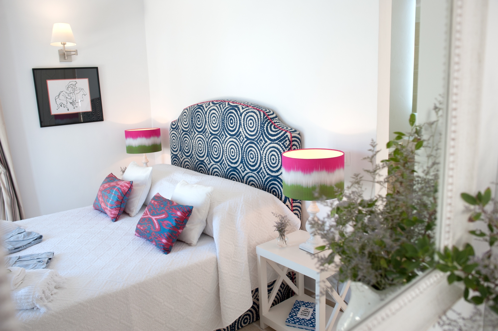 Double bedroom with blue patterned headboard at Villa Dionysos, Corfu