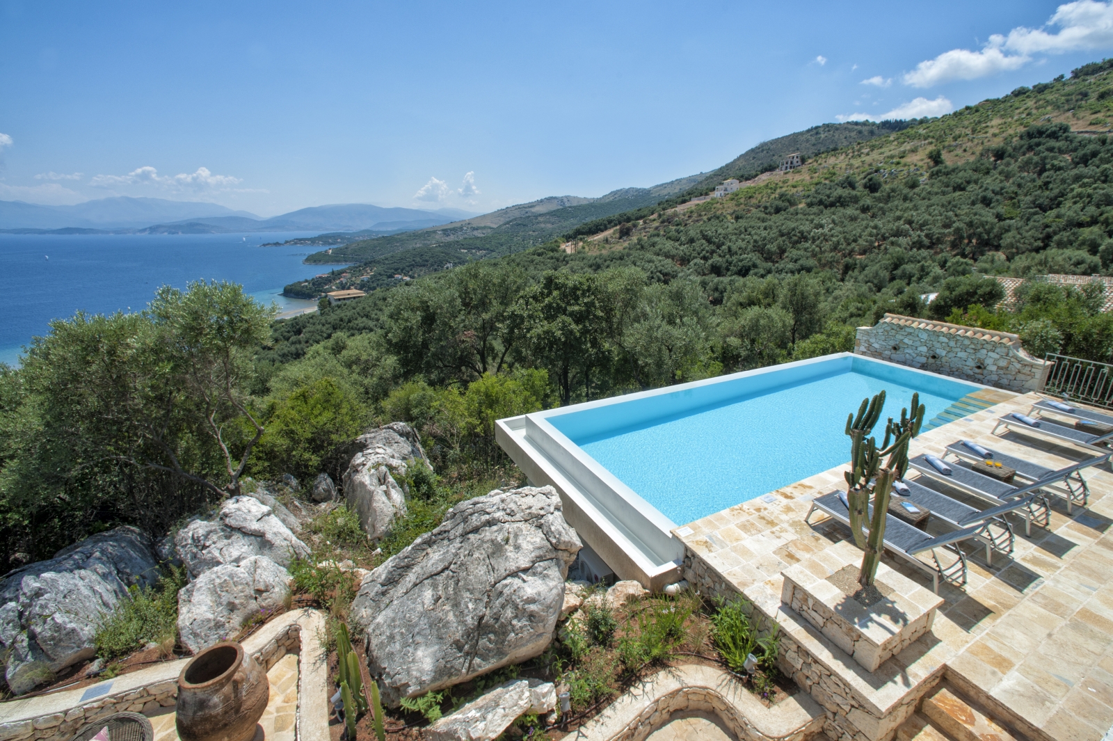 View of pool and sea view at Villa Dionysos, Corfu