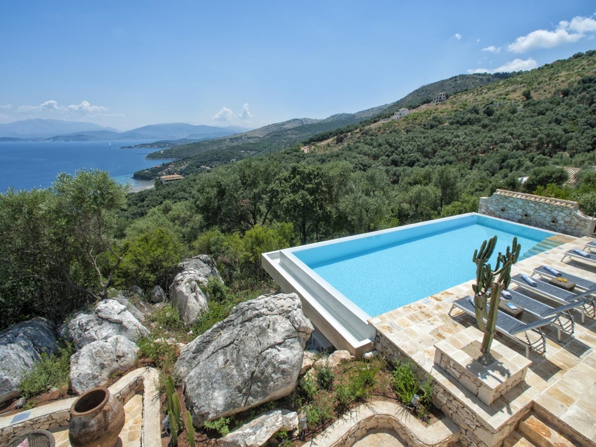 View of pool and sea view at Villa Dionysos, Corfu