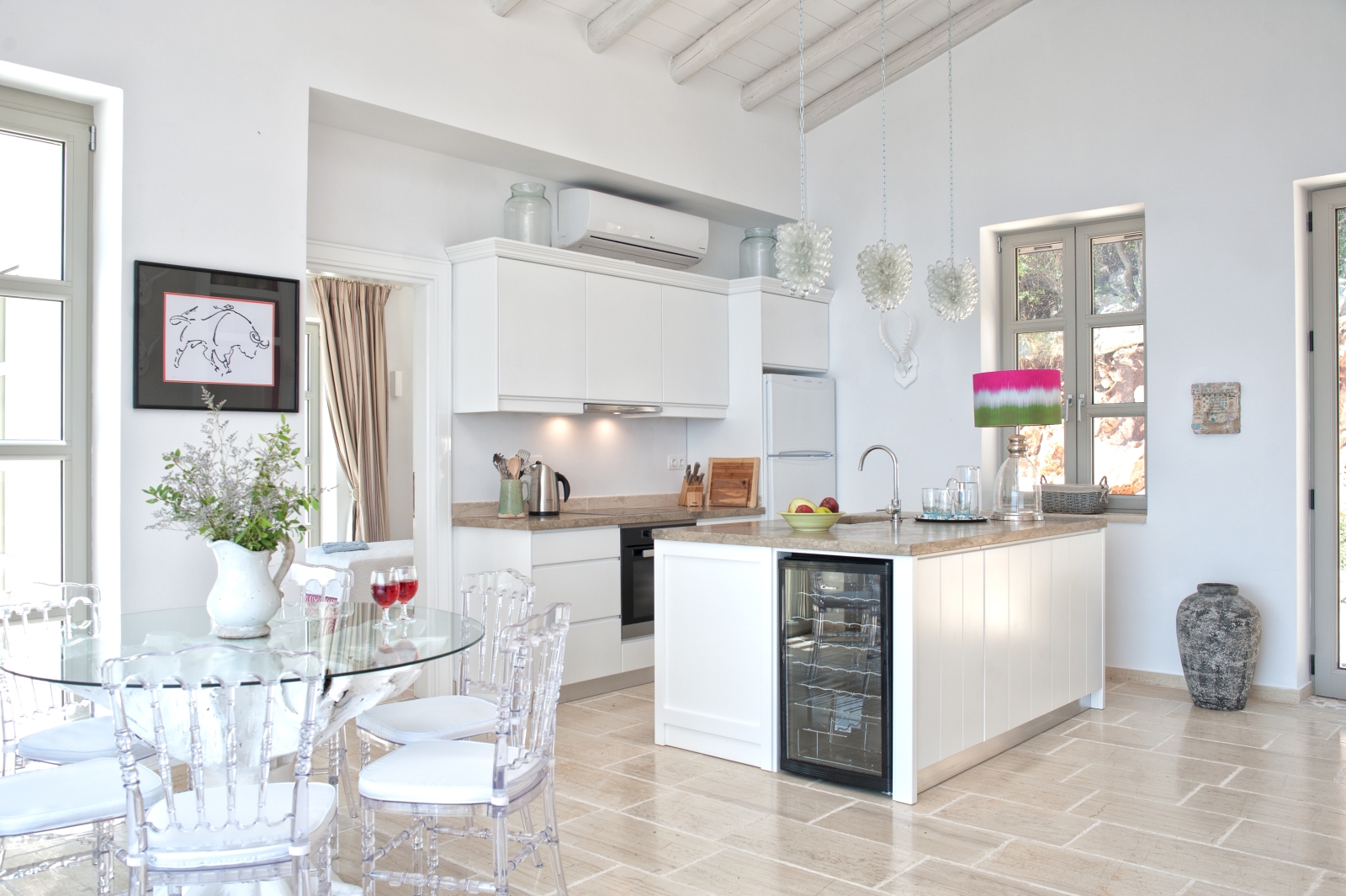 Modern white kitchen at Villa Dionysos, Corfu