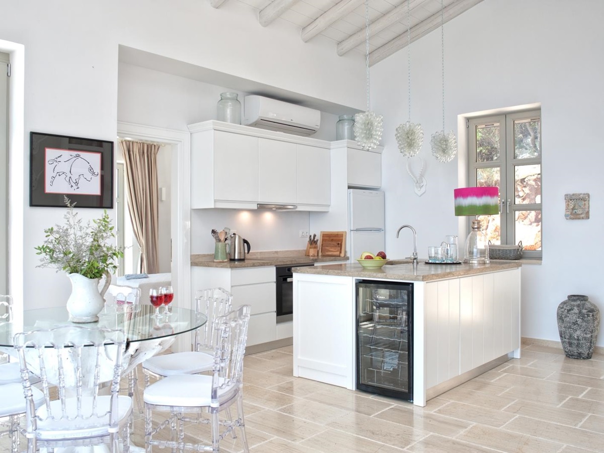 Modern white kitchen at Villa Dionysos, Corfu