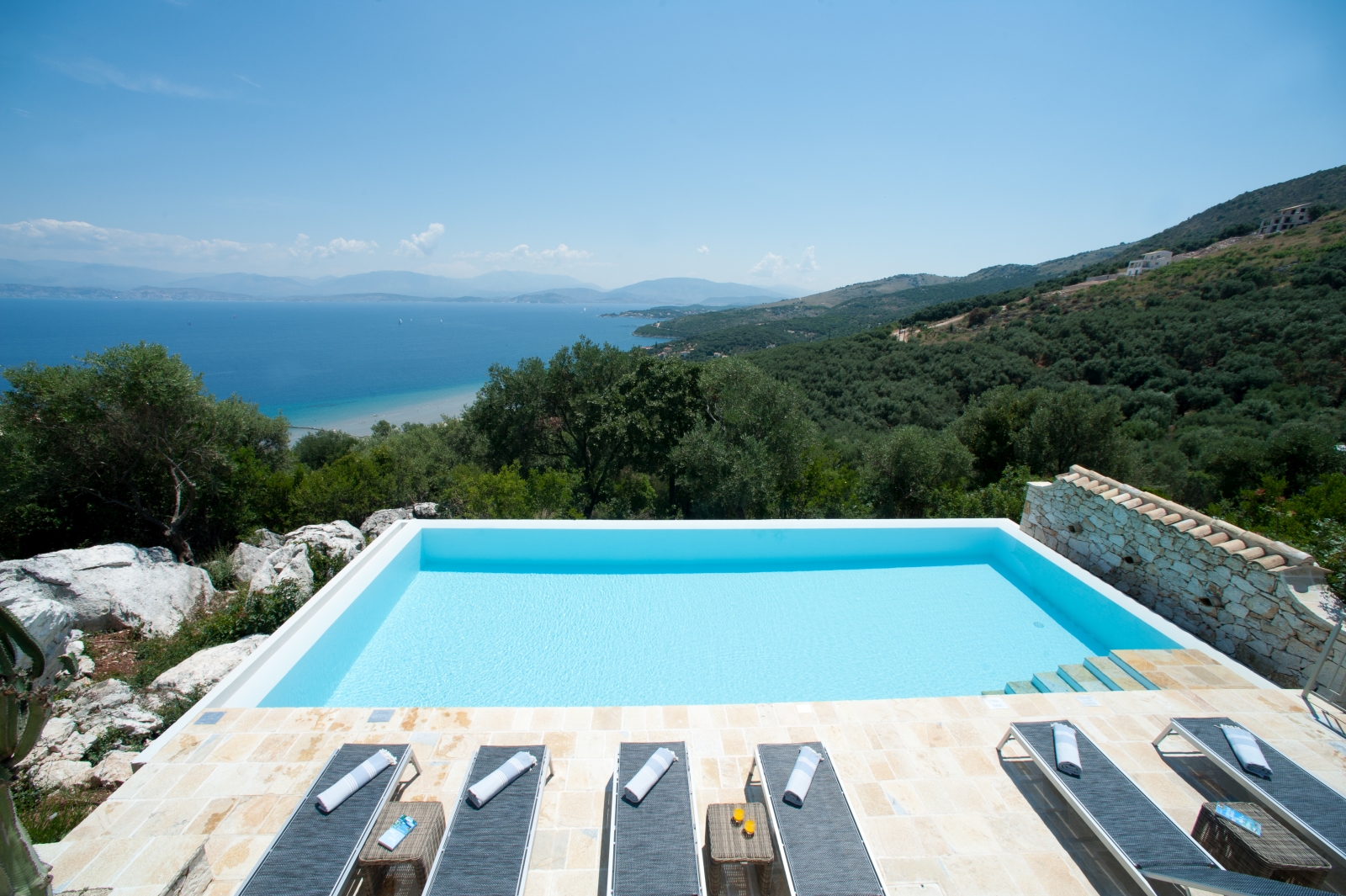 View over pool towards the sea at Villa Dionysos, Corfu