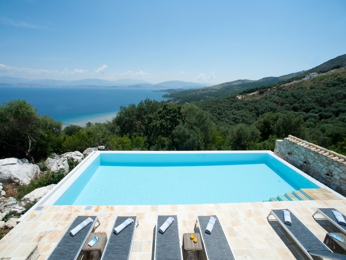 View over pool towards the sea at Villa Dionysos, Corfu