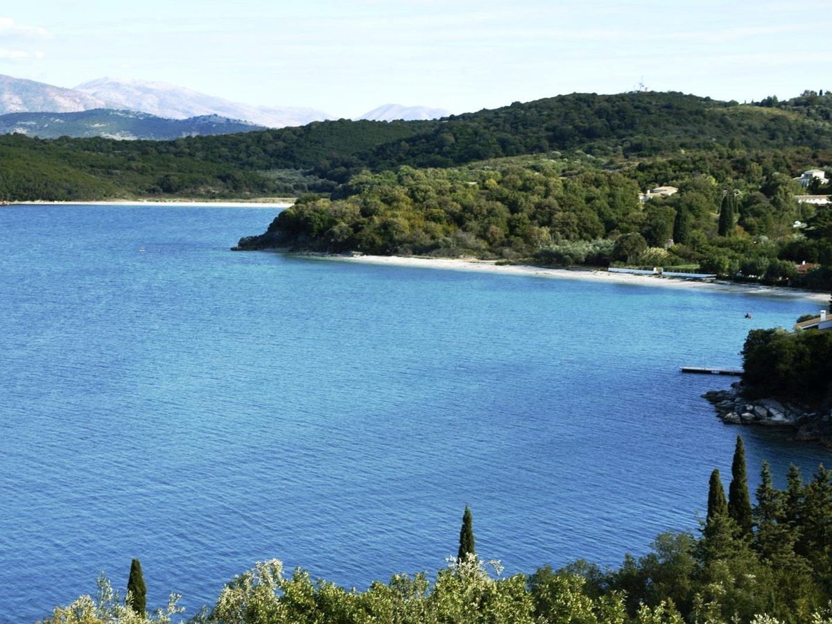Panoramic view over the sea with hills in the background at villa eleni in corfu, Greece