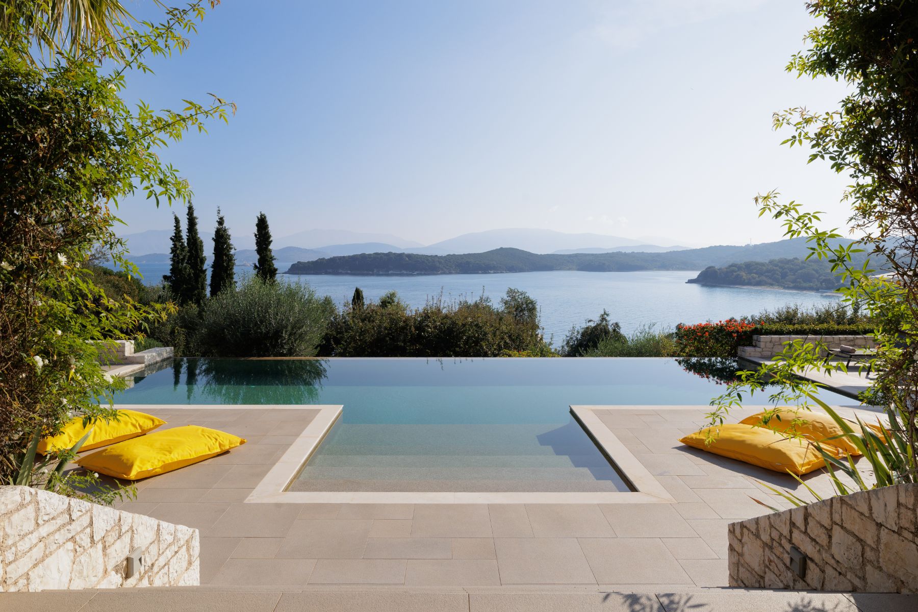 View of pool and coastline from Villa Eleni, Corfu
