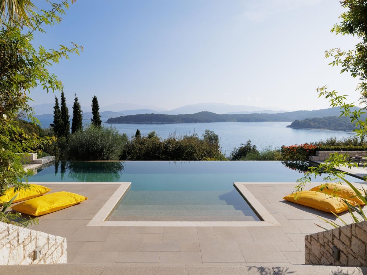 View of pool and coastline from Villa Eleni, Corfu