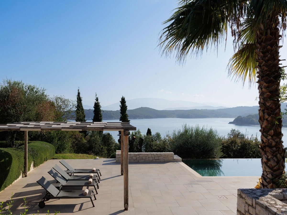 Pool with sun loungers at Villa Eleni, Corfu