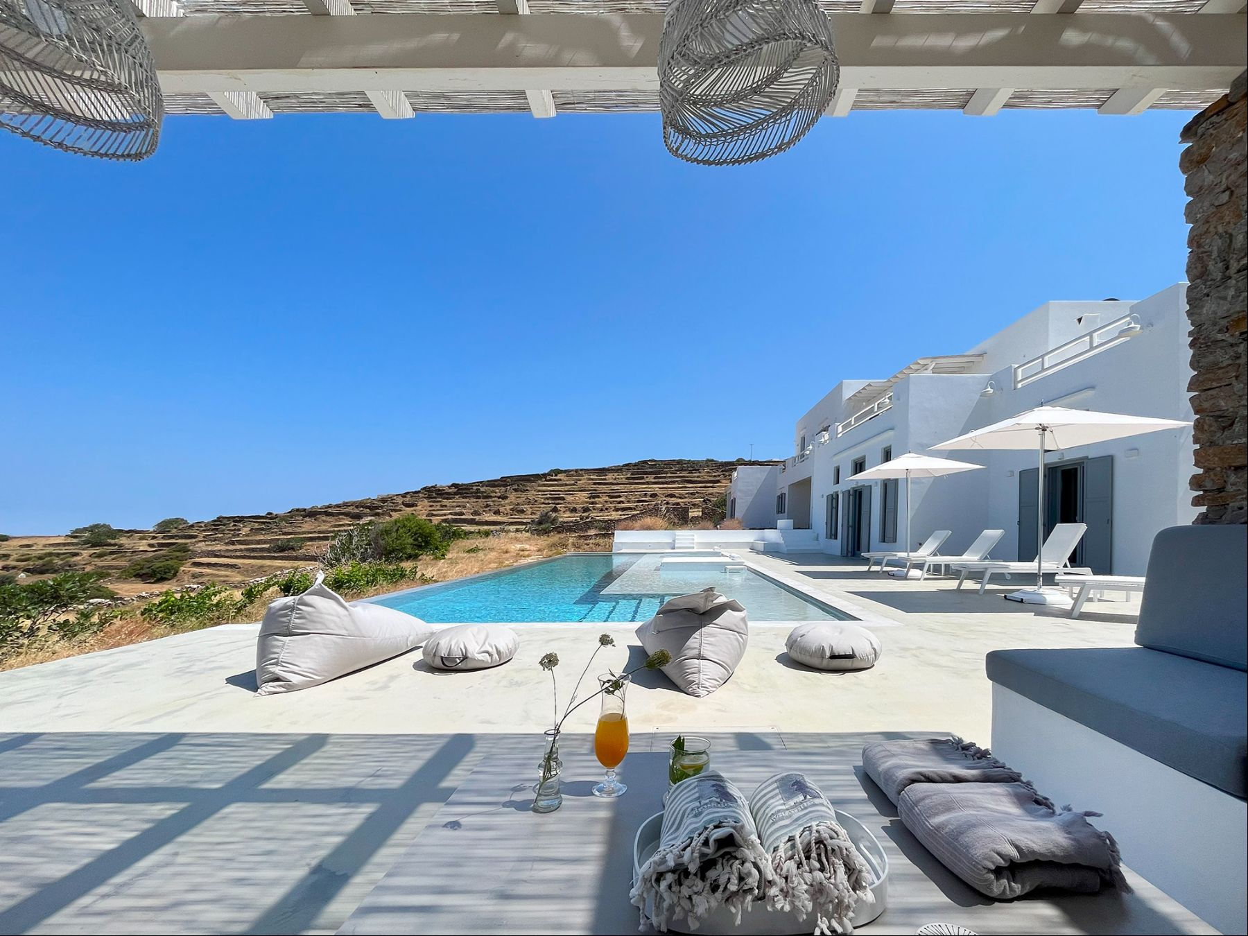 View across the swimming pool at Villa Eleonas in Sifnos