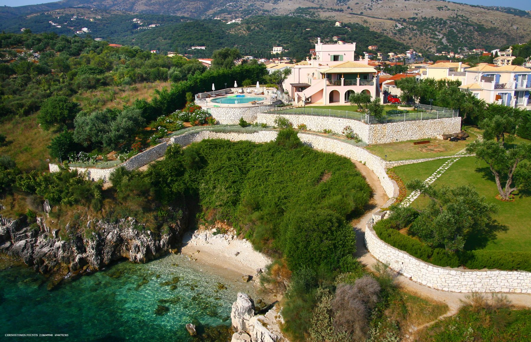 Aerial view of Villa Elia, Corfu and surrounding coastline