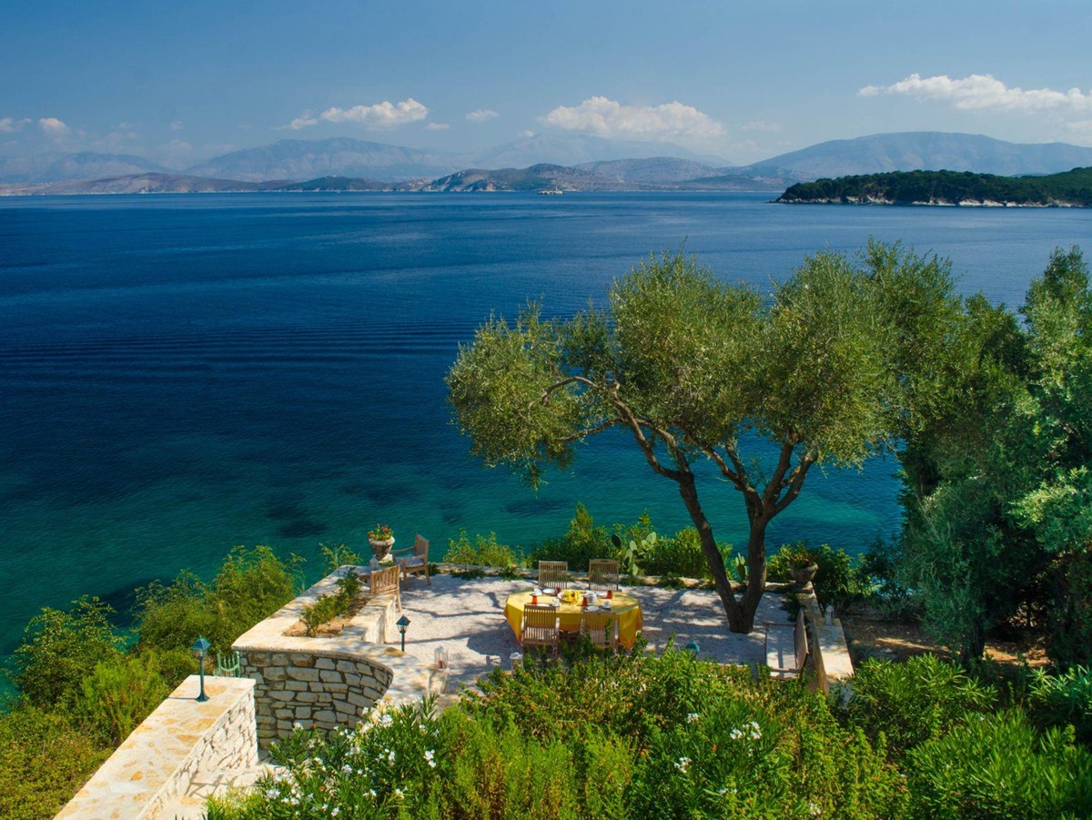 View of the sea and outdoor seating at Villa Elia, Corfu