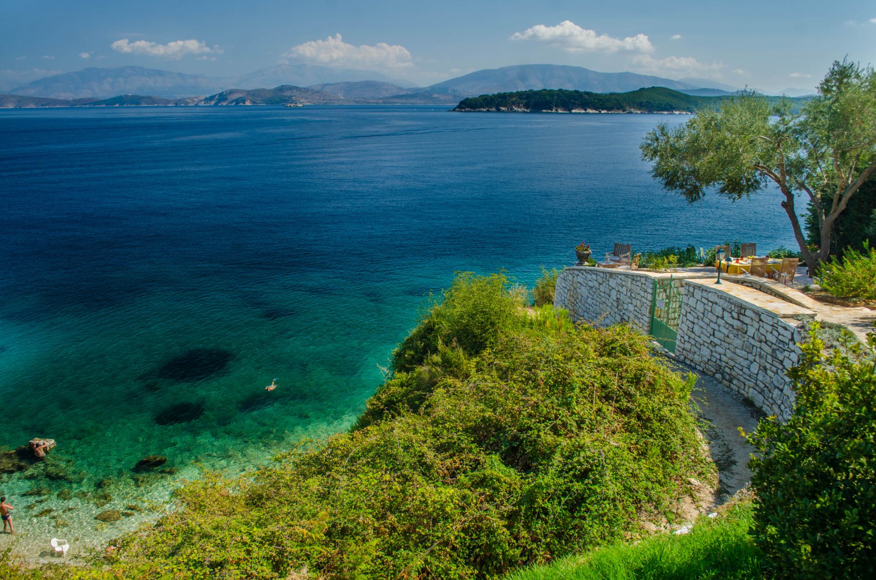 View of the sea and outdoor seating at Villa Elia, Corfu